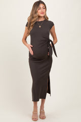 Brown Side Knot Tie Short Sleeve Maternity Midi Dress