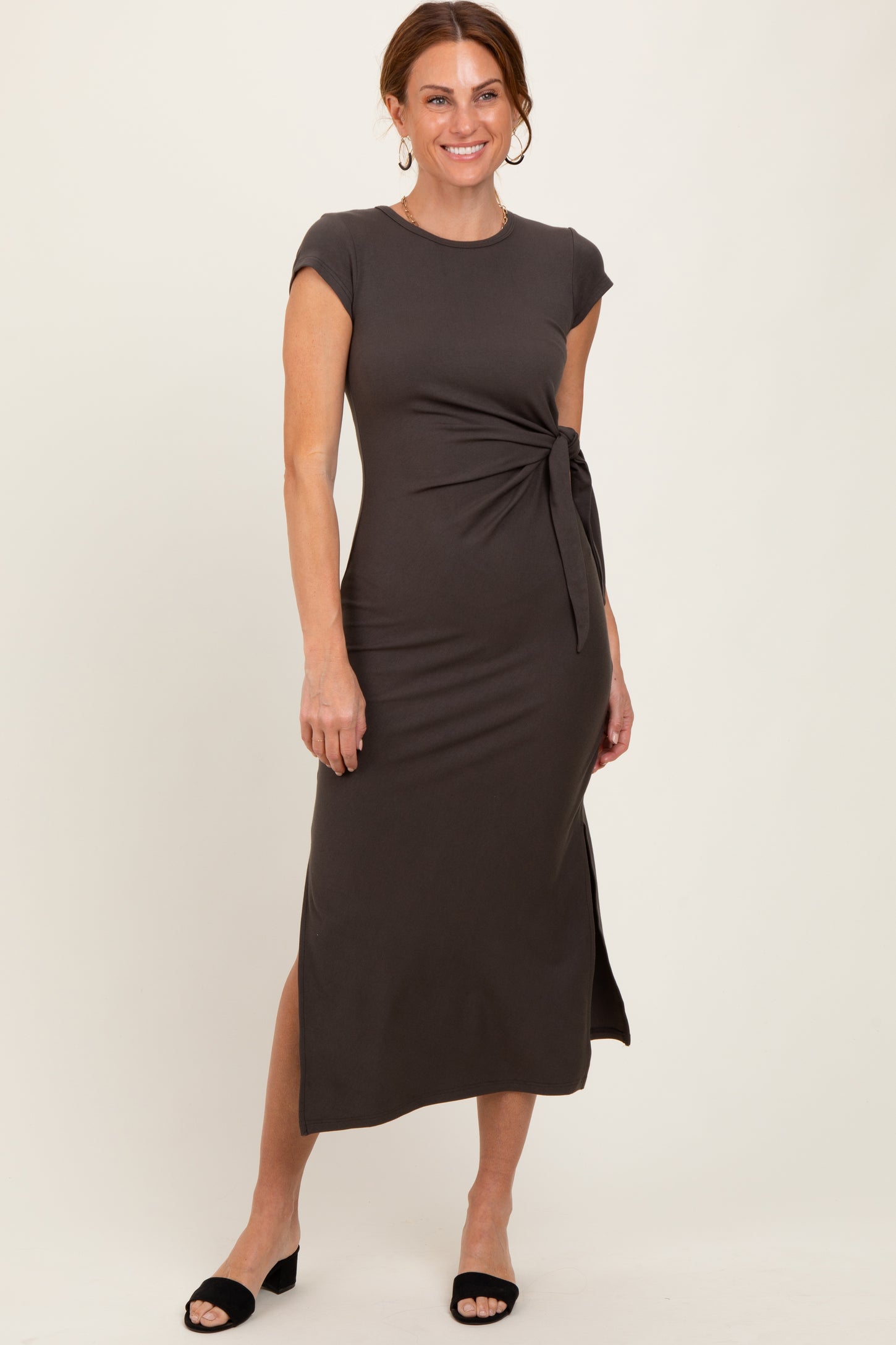 Brown Side Knot Tie Short Sleeve Maternity Midi Dress