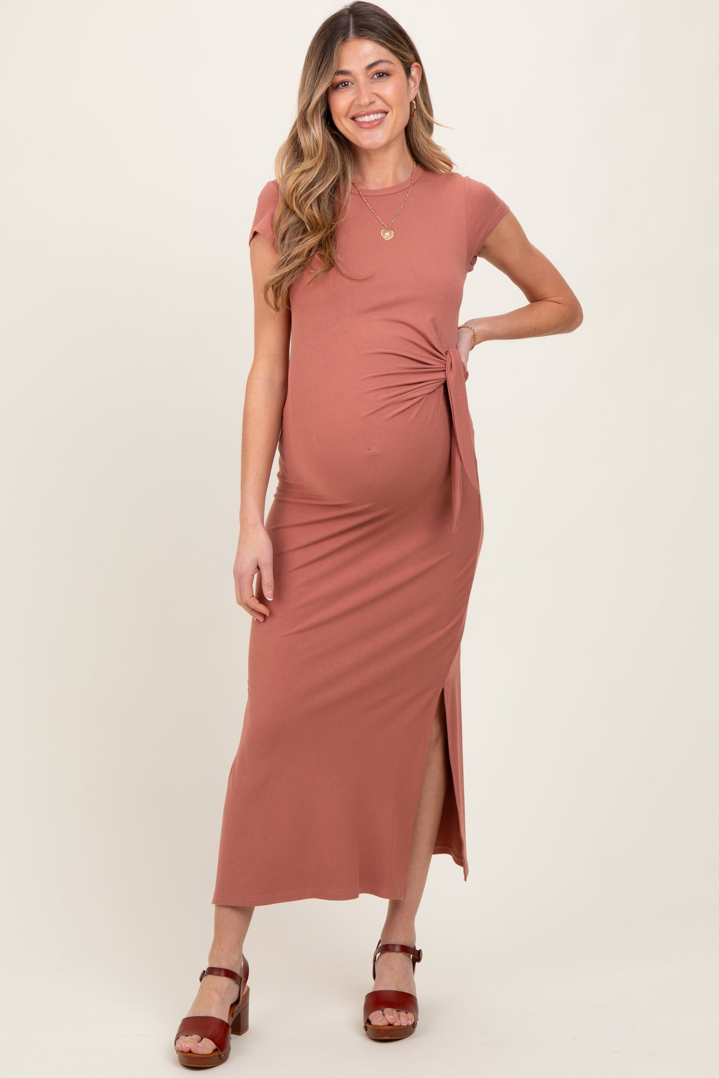 Mauve Side Knot Tie Short Sleeve Maternity Midi Dress