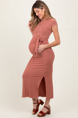Mauve Side Knot Tie Short Sleeve Maternity Midi Dress