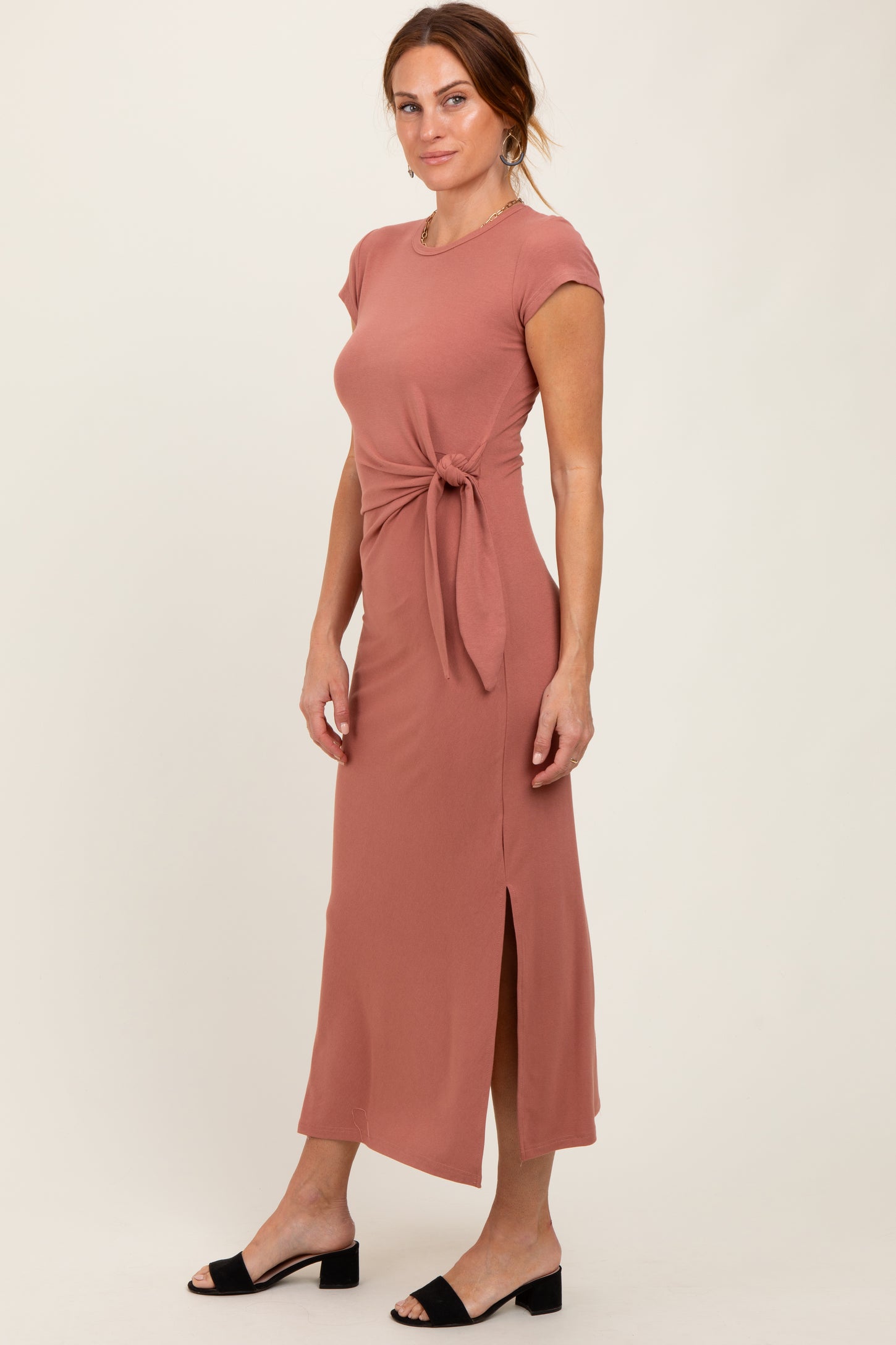 Mauve Side Knot Tie Short Sleeve Midi Dress