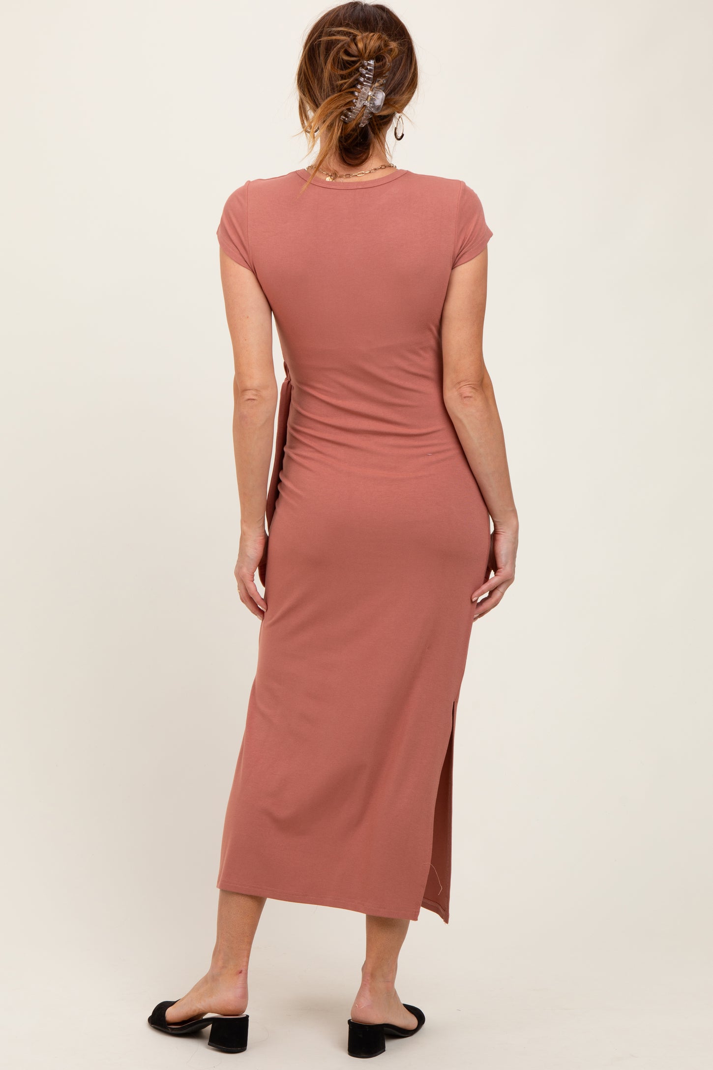 Mauve Side Knot Tie Short Sleeve Midi Dress