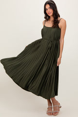 Olive Pleated Sash Tie Midi Dress