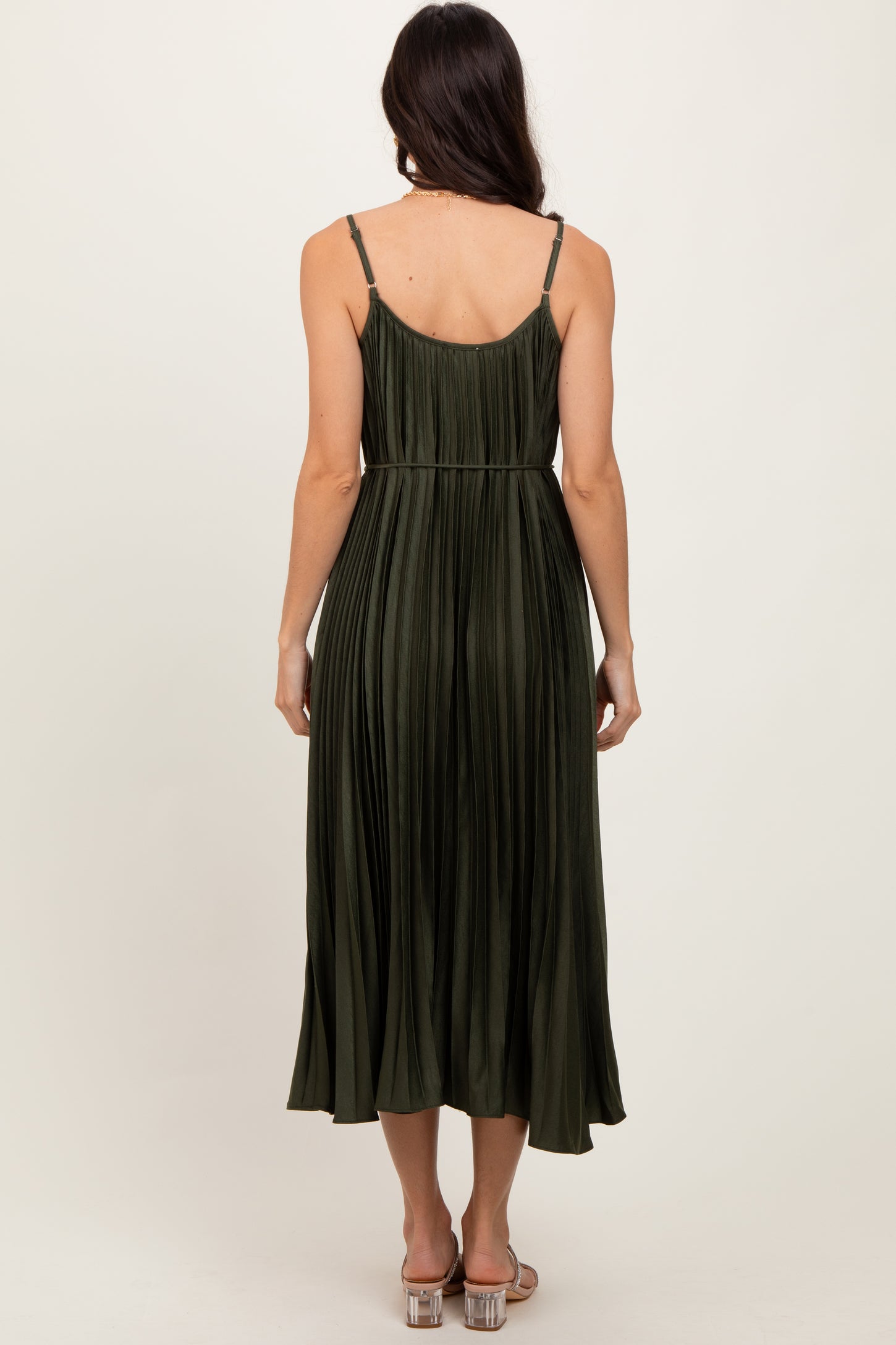 Olive Pleated Sash Tie Midi Dress