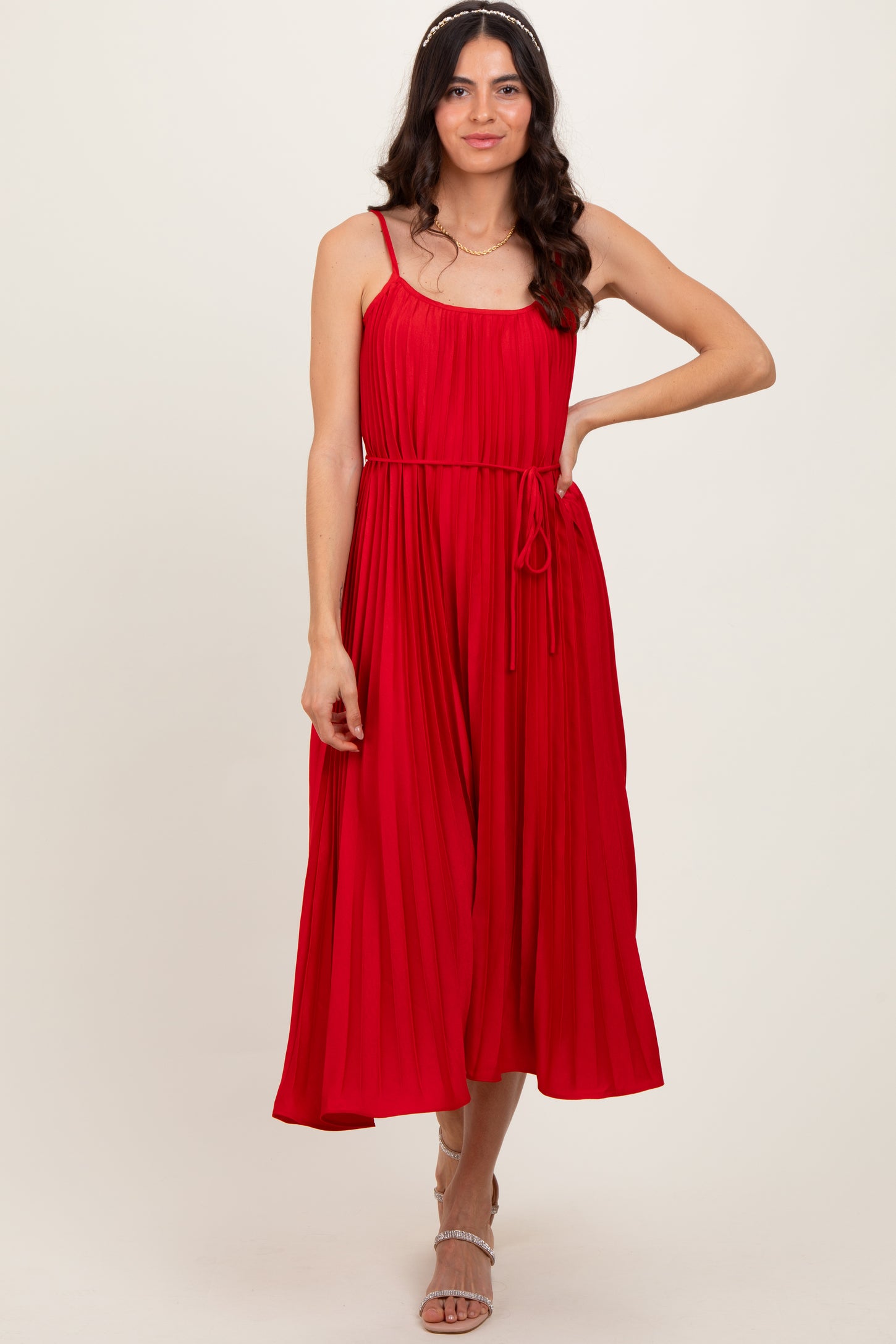 Red Pleated Sash Tie Maternity Midi Dress