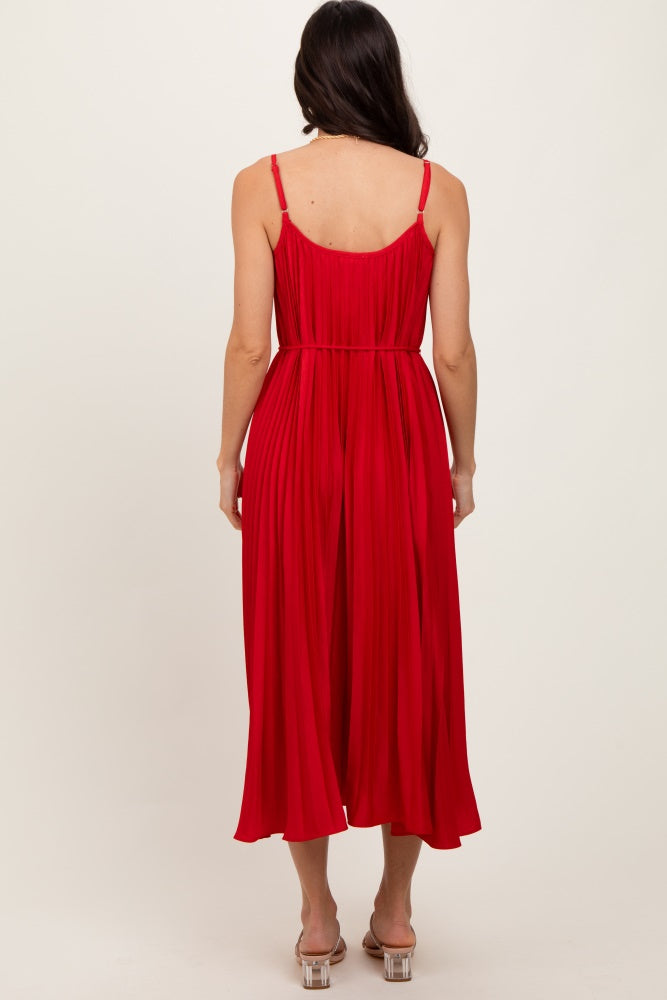 Red Pleated Sash Tie Midi Dress