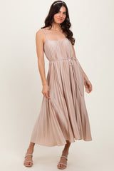 Beige Pleated Sash Tie Midi Dress