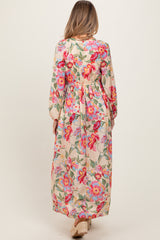 Beige Floral V-Neck Long Sleeve Maternity Maxi Dress