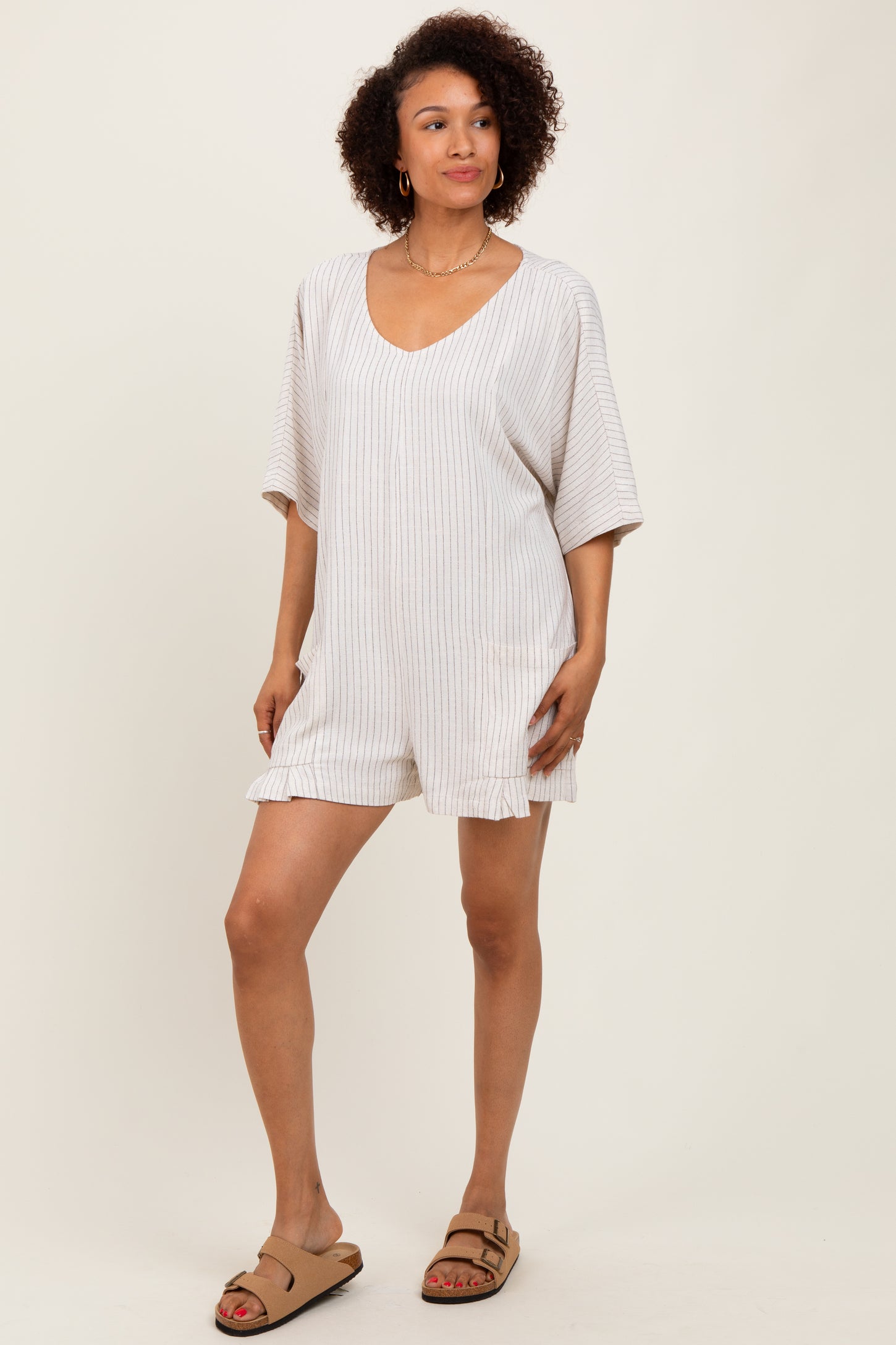 Beige Stripe Dolman Sleeve Linen Blend Romper
