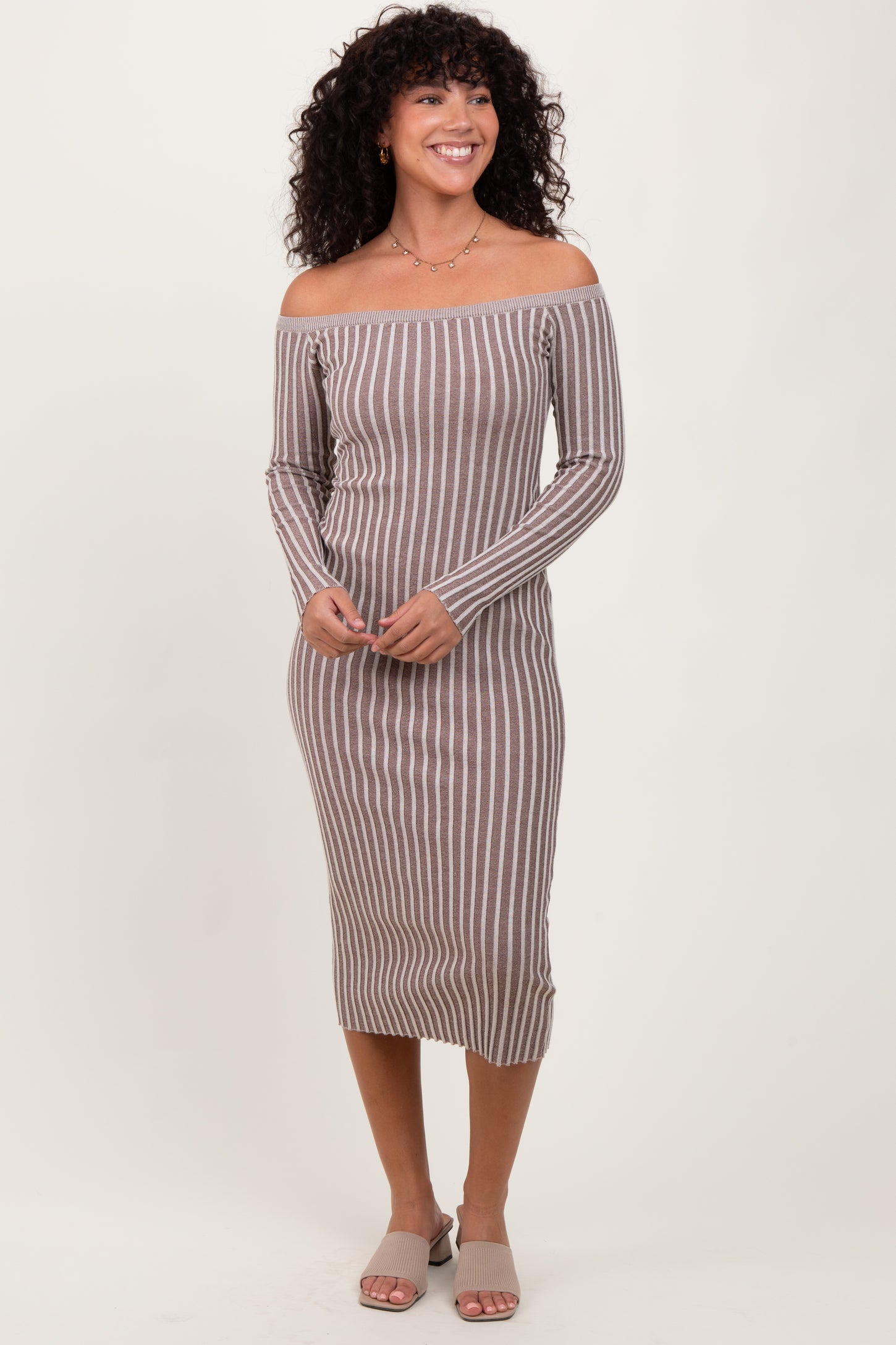 Taupe Striped Off Shoulder Maternity Midi Sweater Dress