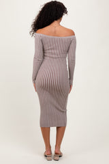 Taupe Striped Off Shoulder Midi Sweater Dress