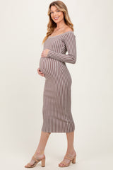 Taupe Striped Off Shoulder Maternity Midi Sweater Dress