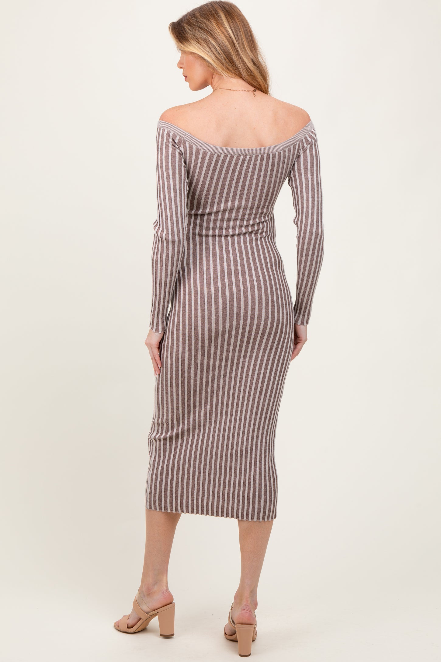 Taupe Striped Off Shoulder Maternity Midi Sweater Dress