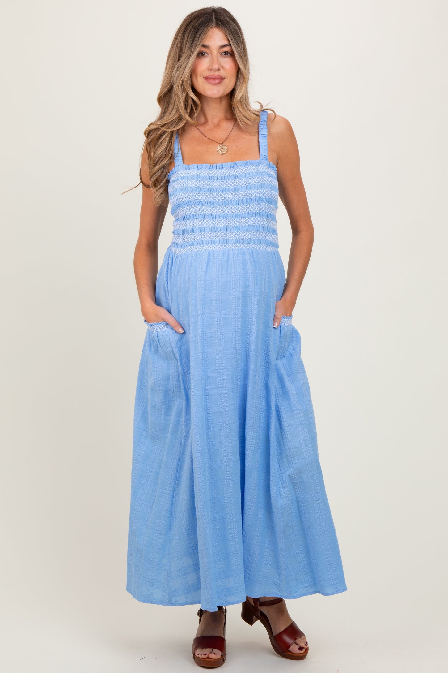 Blue Smocked Embroidered Bust Textured Maternity Midi Dress