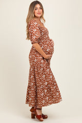 Rust Floral Smocked Puff Sleeve Maternity Maxi Dress