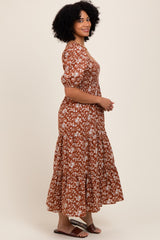Rust Floral Smocked Puff Sleeve Maxi Dress