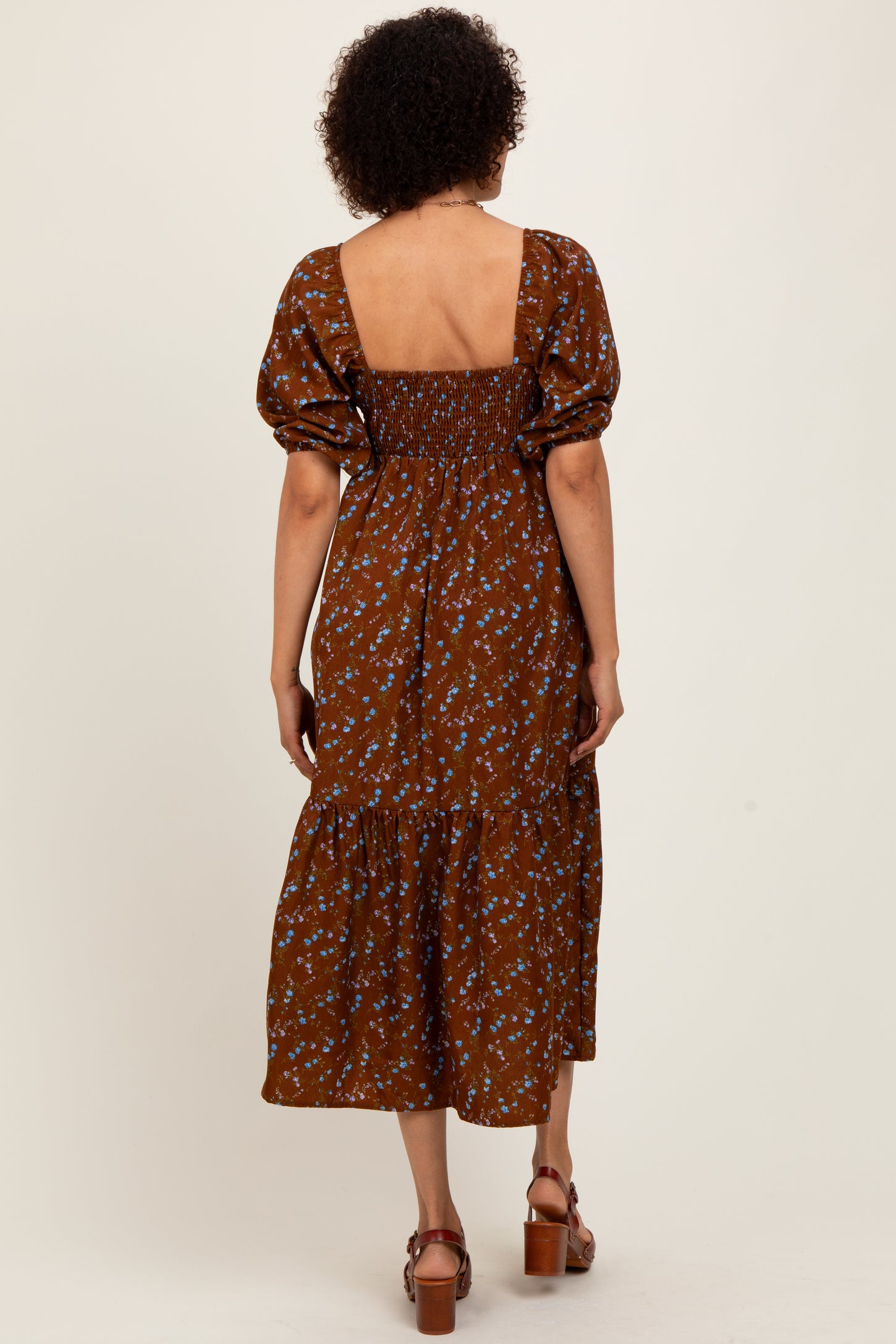 Mocha Floral Sweetheart Puff Sleeve Midi Dress