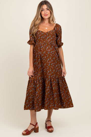 Mocha Floral Sweetheart Puff Sleeve Maternity Midi Dress