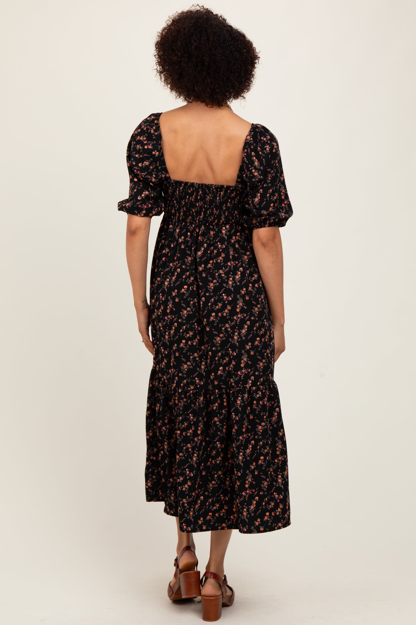 Black Floral Sweetheart Puff Sleeve Midi Dress