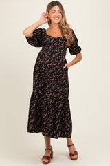 Black Floral Sweetheart Puff Sleeve Maternity Midi Dress