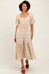 Cream Floral Sweetheart Puff Sleeve Midi Dress