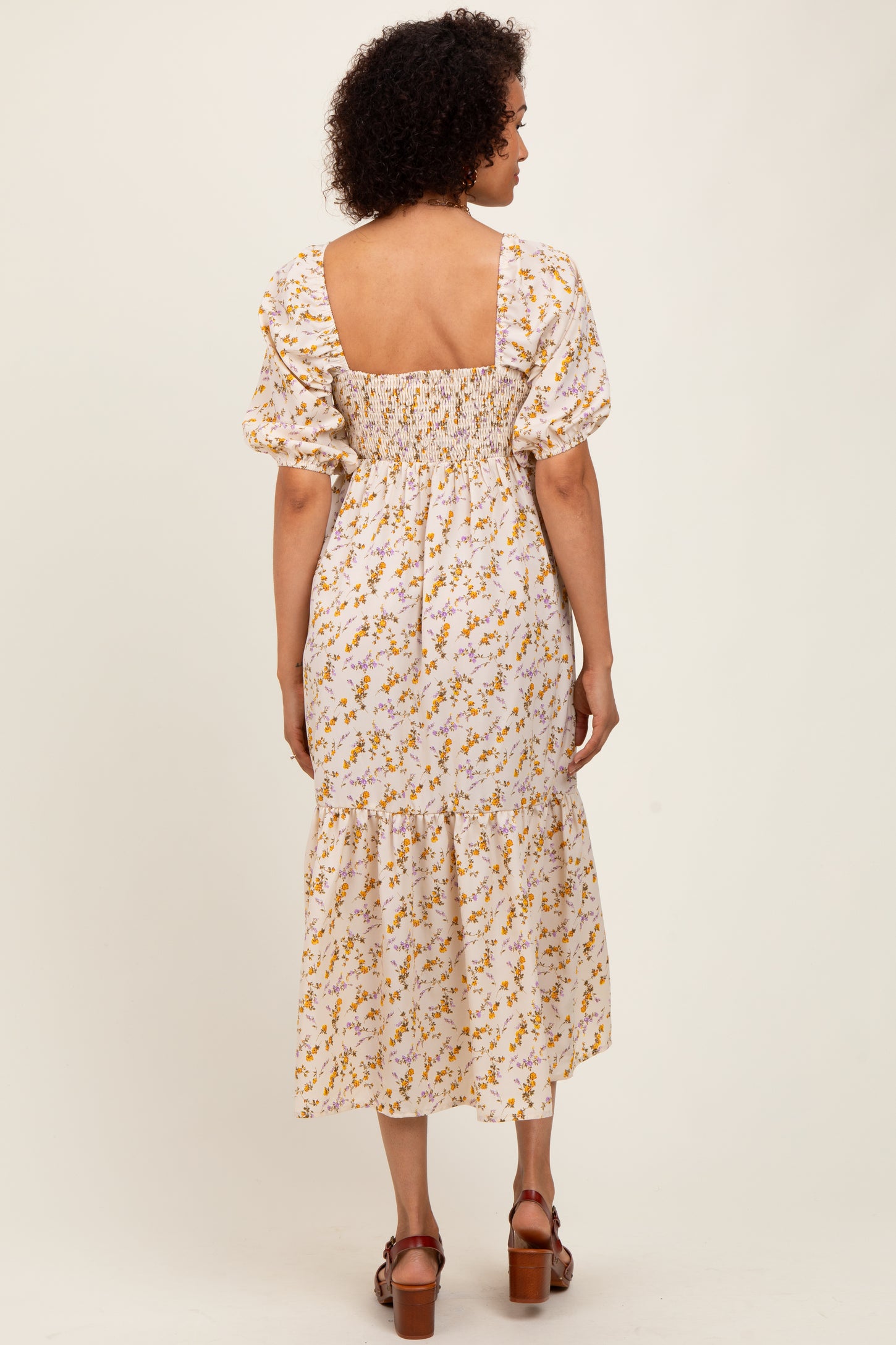 Cream Floral Sweetheart Puff Sleeve Midi Dress