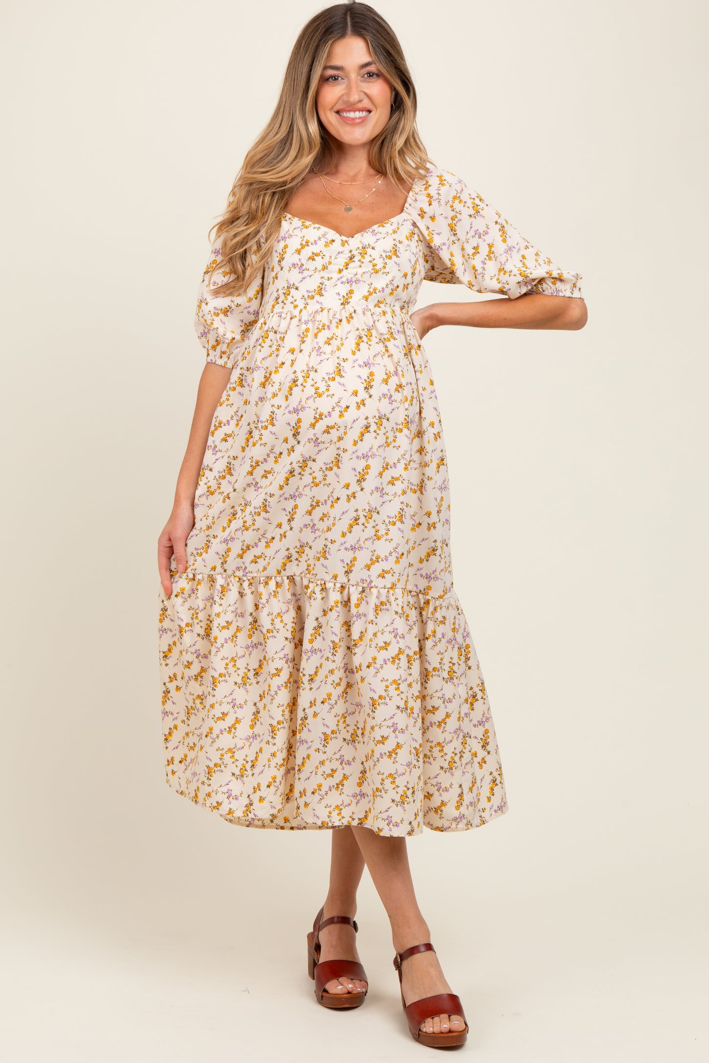 Cream Floral Sweetheart Puff Sleeve Maternity Midi Dress