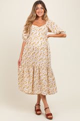 Cream Floral Sweetheart Puff Sleeve Maternity Midi Dress