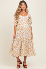 Cream Floral Sweetheart Puff Sleeve Maternity Midi Dress