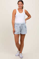 Light Blue Chambray Drawstring Front Pocket Maternity Shorts
