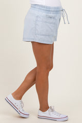Light Blue Chambray Drawstring Front Pocket Maternity Shorts