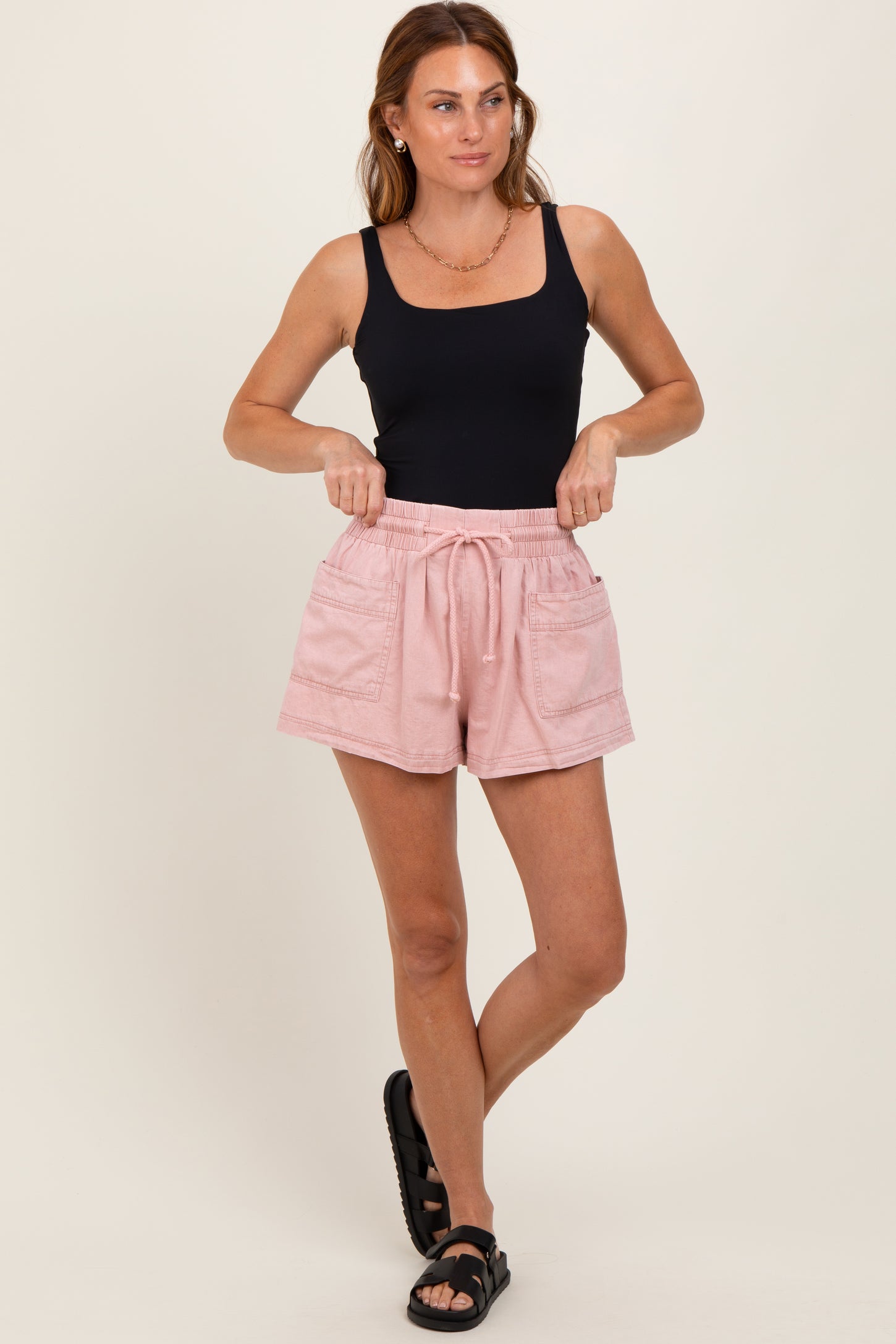 Light Pink Chambray Drawstring Front Pocket Shorts