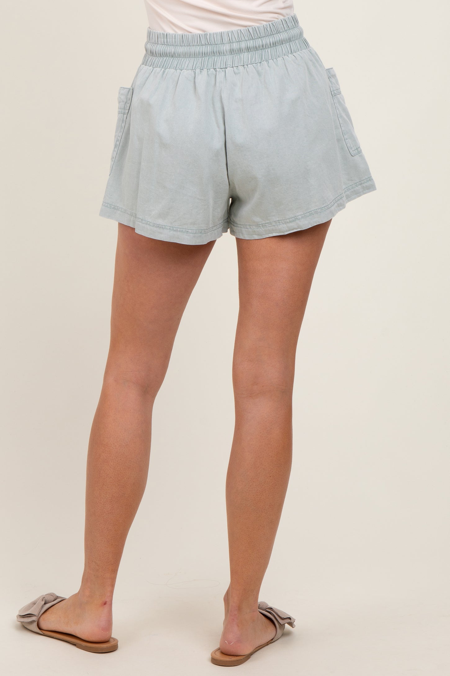 Mint Green Chambray Drawstring Front Pocket Shorts