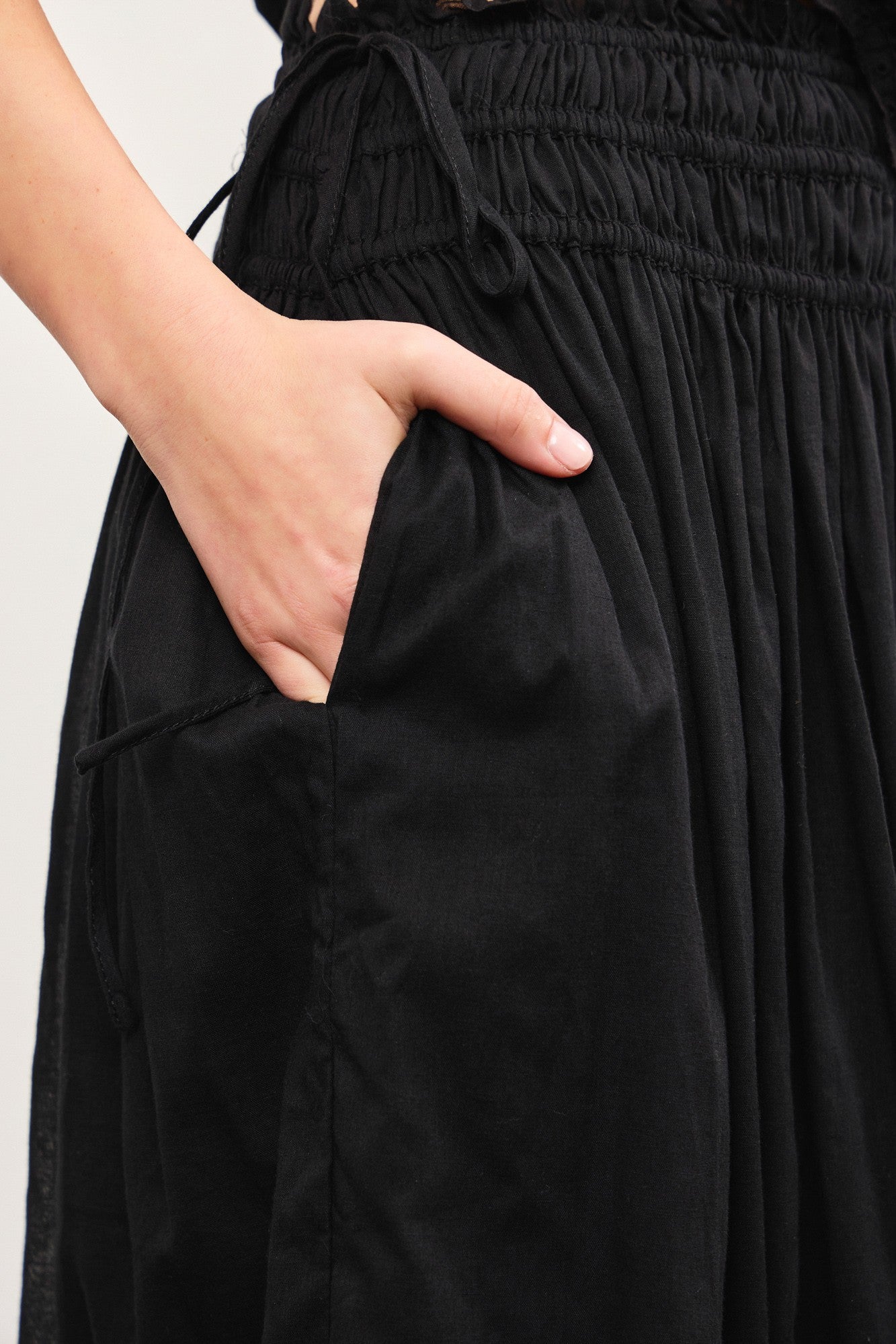 Black Smocked Waist Eyelet Lace Hem Maxi Skirt