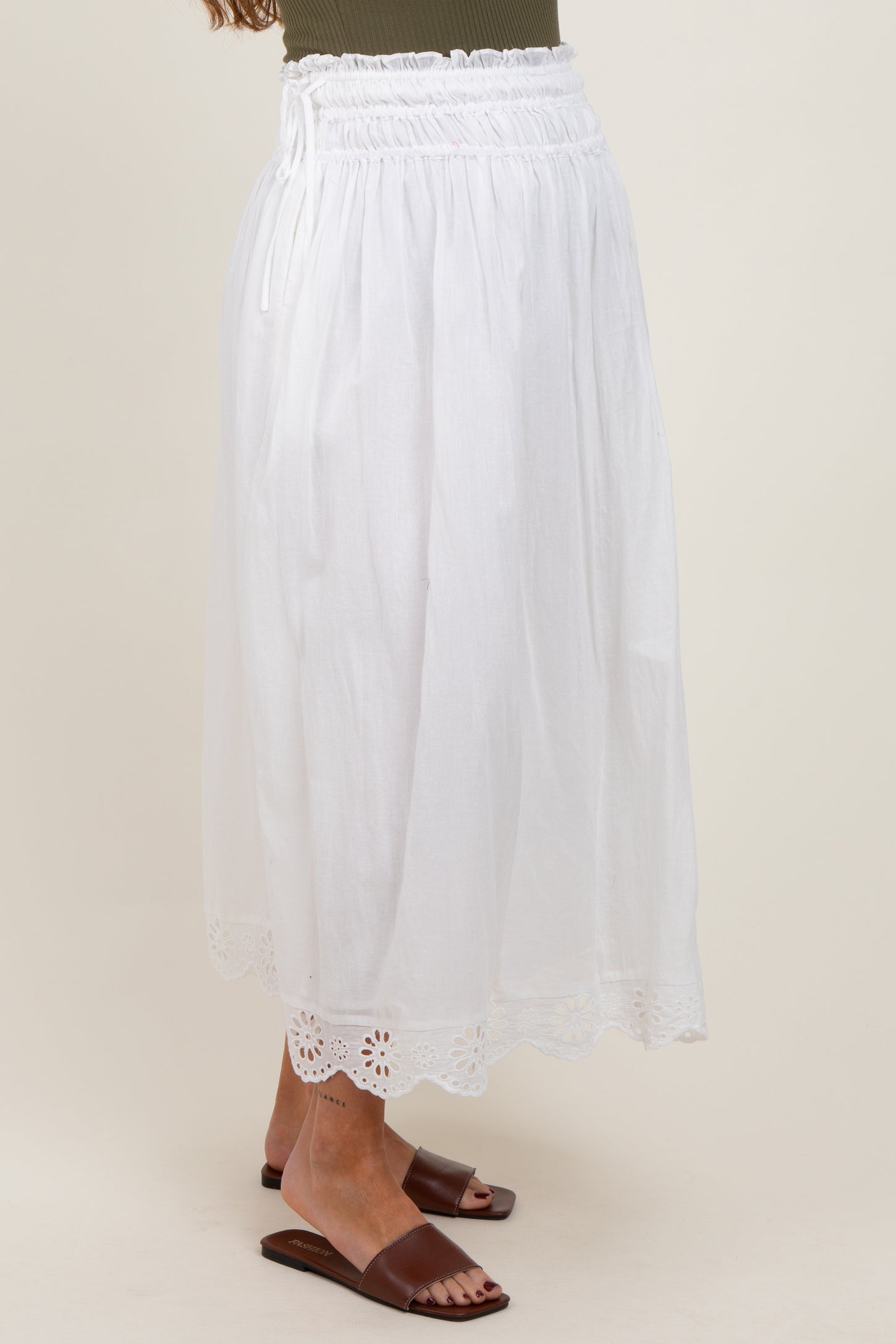 White Smocked Waist Eyelet Lace Hem Maternity Maxi Skirt