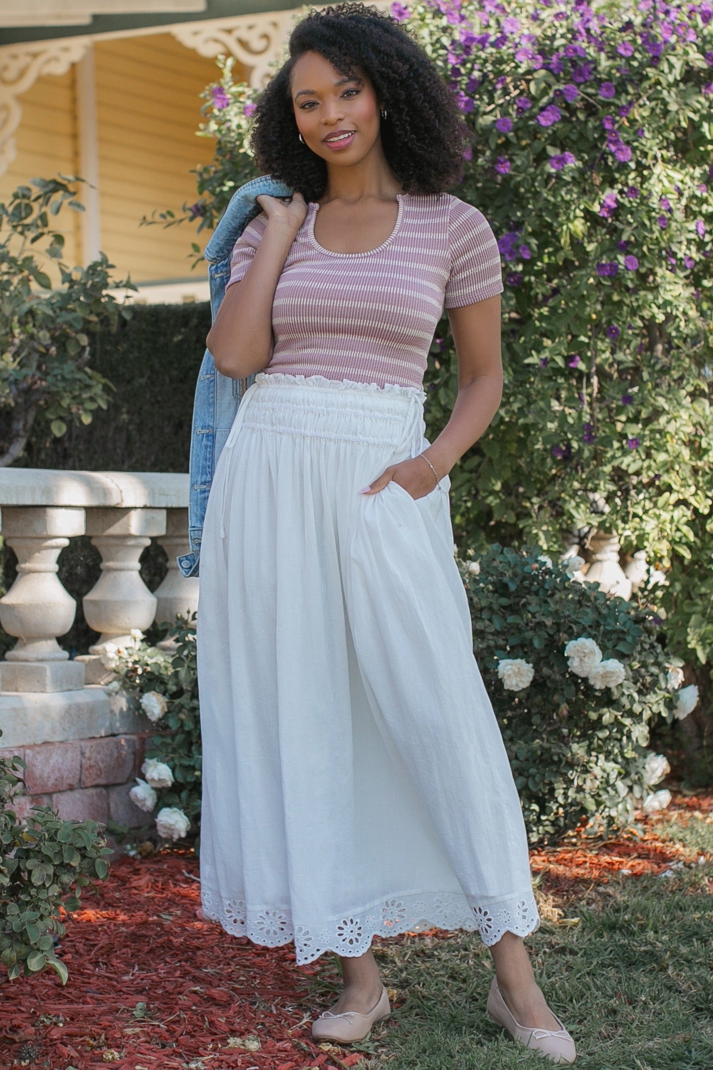 White Smocked Waist Eyelet Lace Hem Maxi Skirt