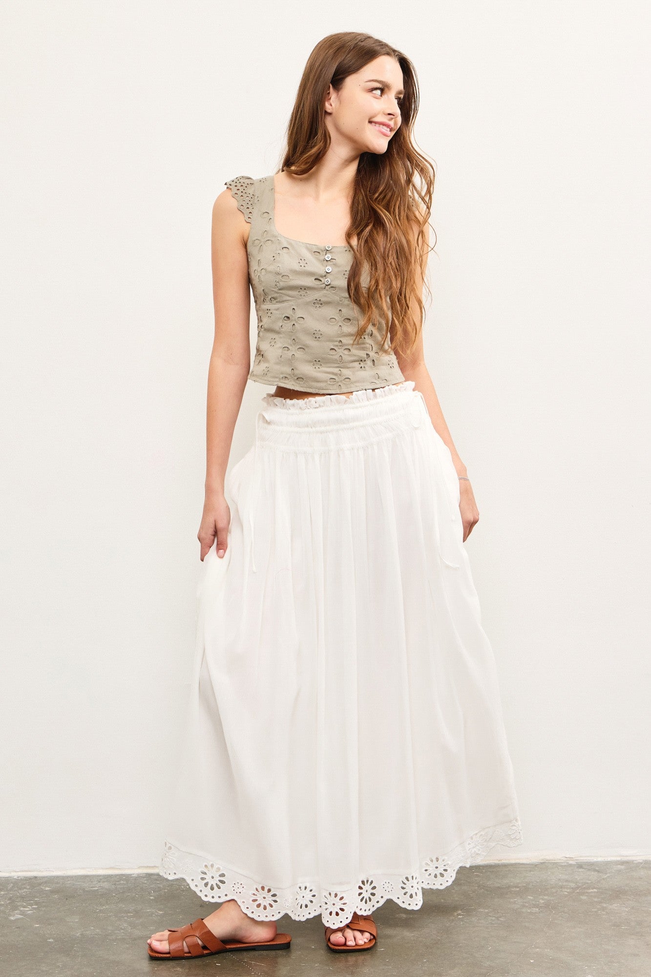 White Smocked Waist Eyelet Lace Hem Maternity Maxi Skirt