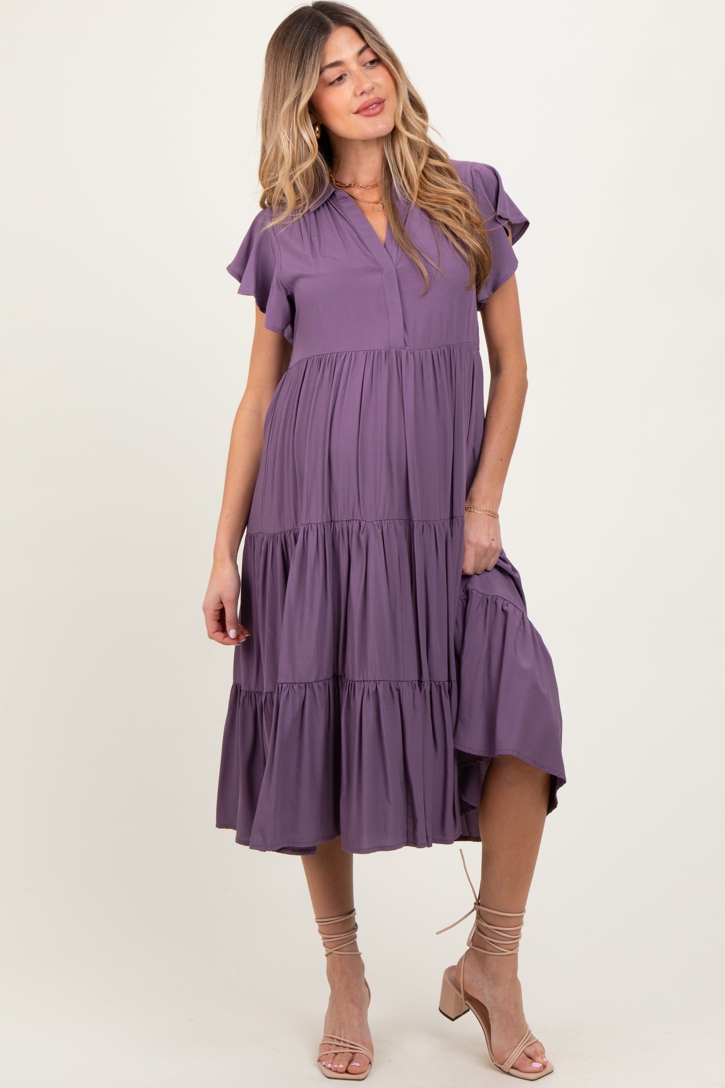 Plum Ruffle Sleeve V-Neck Tiered Maternity Midi Dress