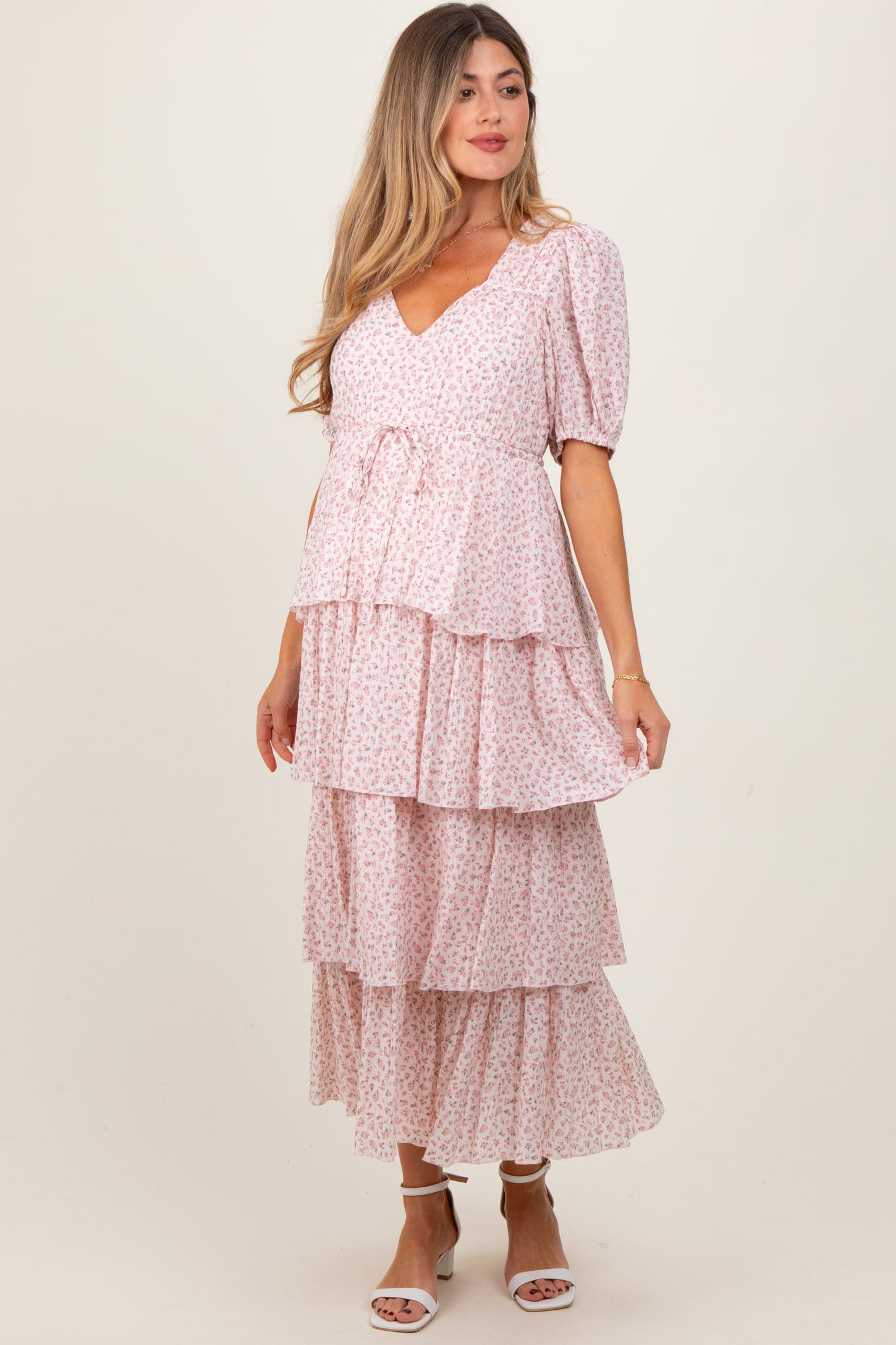 Light Pink Floral Ruffle Tiered Maternity Maxi Dress