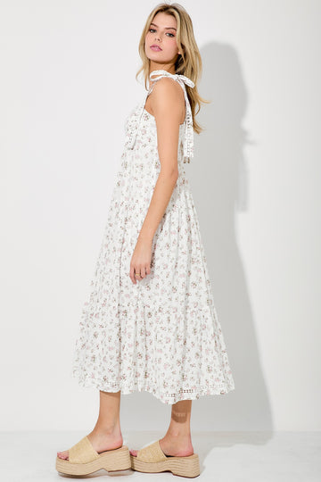 Light Pink Floral Shoulder Tie Midi Dress