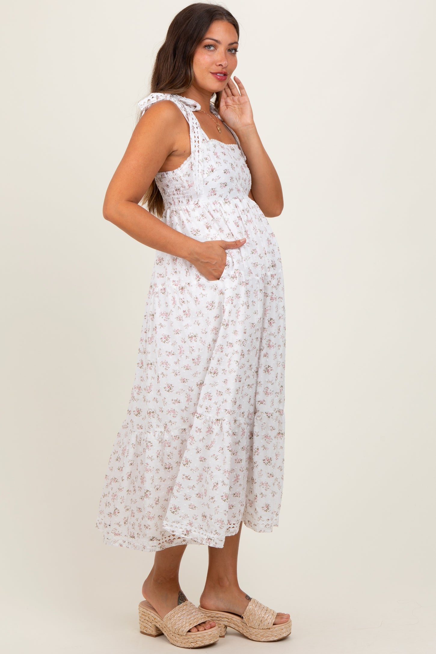 Light Pink Floral Shoulder Tie Maternity Midi Dress