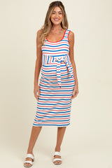 Blue Multi Striped Sleeveless Maternity Midi Dress