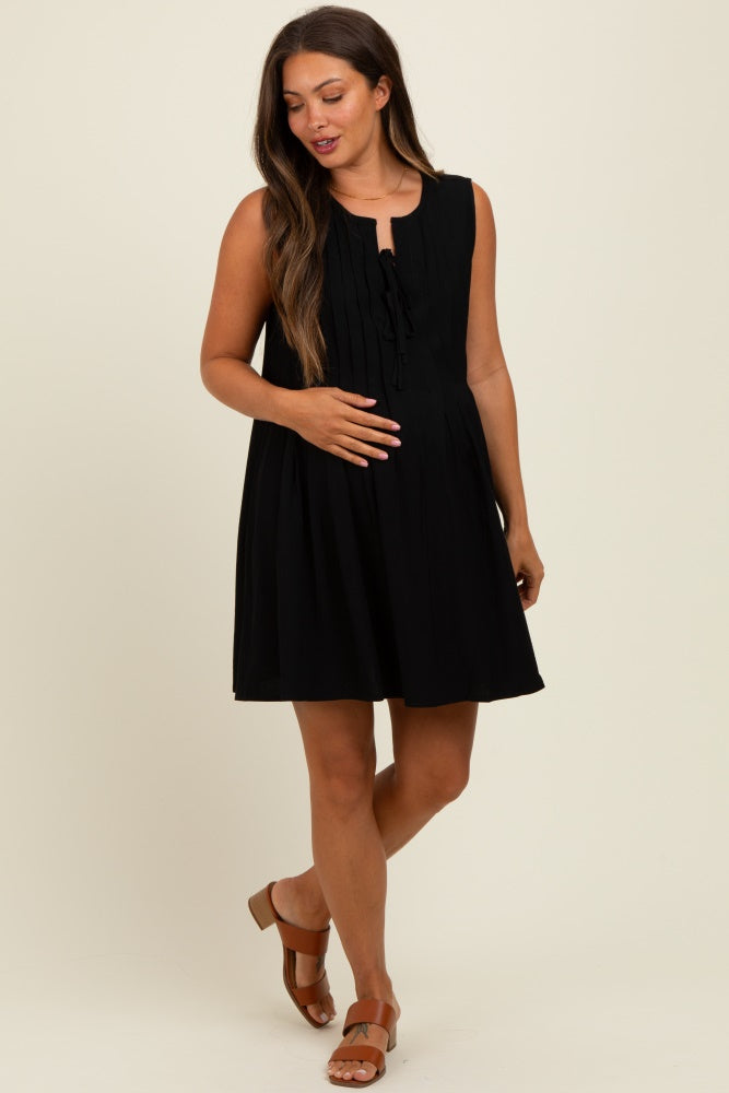 Black Pleated Front Tie Linen Blend Maternity Dress