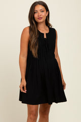 Black Pleated Front Tie Linen Blend Maternity Dress