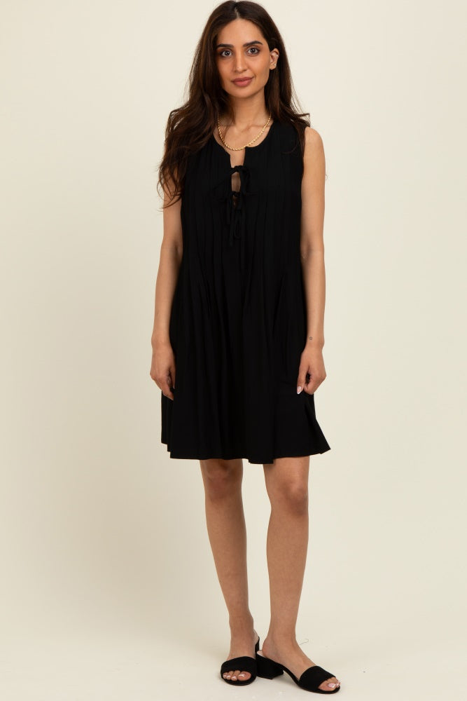 Black Pleated Front Tie Linen Blend Maternity Dress