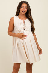 Cream Pleated Front Tie Linen Blend Maternity Dress