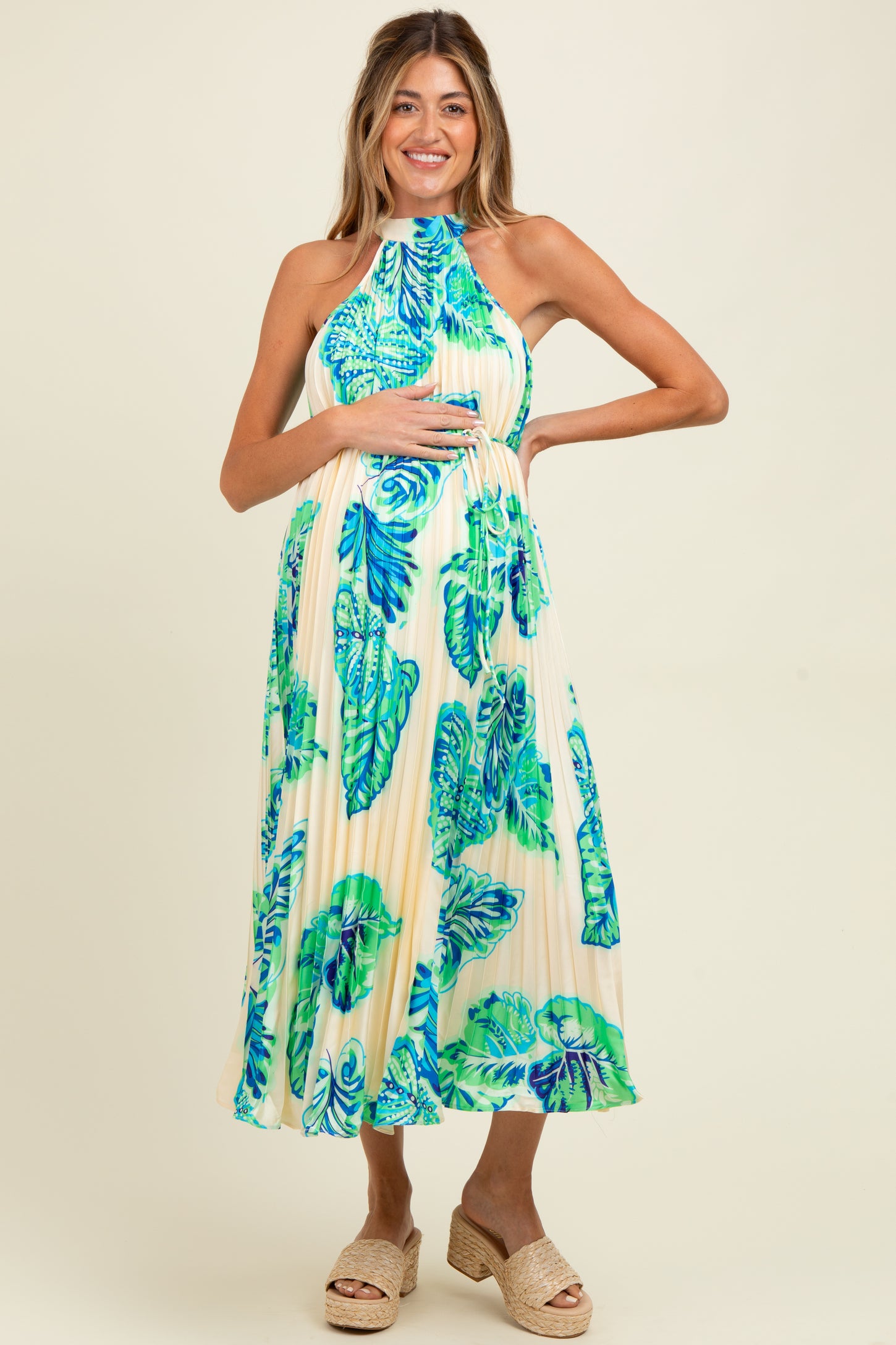 Blue Leaf Print Pleated Halter Maternity Midi Dress
