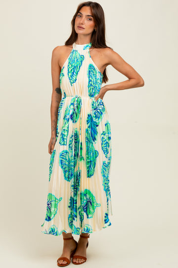 Blue Leaf Print Pleated Halter Midi Dress