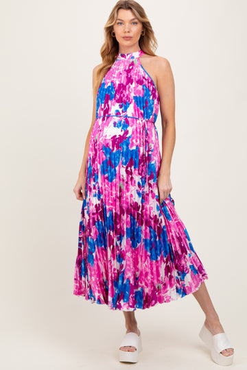 Magenta Floral Satin Pleated Halter Neck Maternity Midi Dress