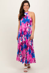 Magenta Floral Satin Pleated Halter Neck Midi Dress